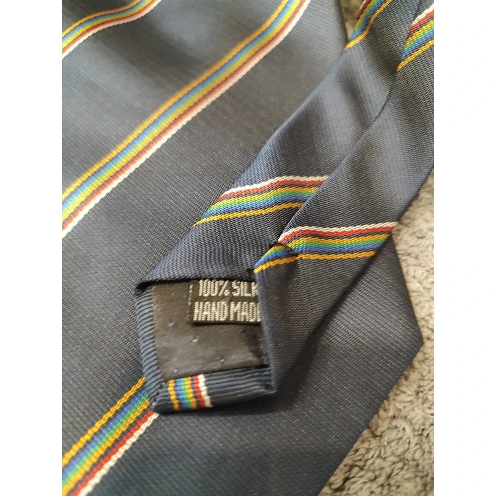Festive Navy Blue Striped Rainbow Printed‎ Silk Tie Handmade